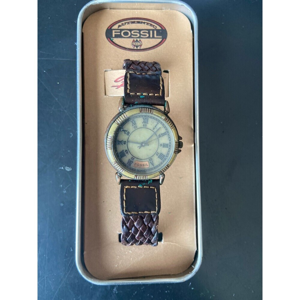 Fossil Watch Women Stone Dial BW-6746 Braided Brown Leather Band, Need Battery